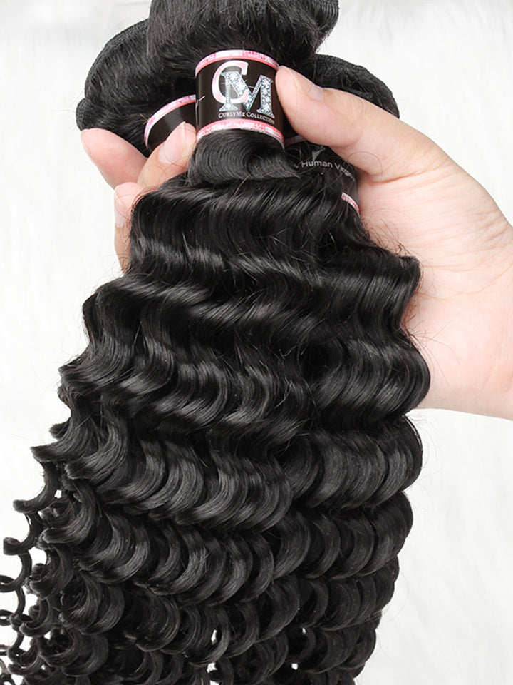 CurlyMe Deep Wave Virgin Human Hair 4 Bundles with 4x4/5x5 Closure Natural Black