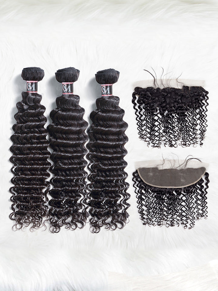 CurlyMe Deep Wave Human Hair 3 Bundles With 13x4 Lace Frontal Natural Black