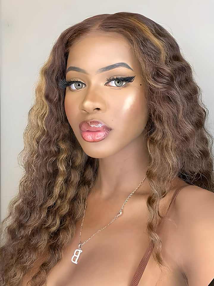 CurlyMe Deep Wave Highlights Ombre Wigs Transparent Lace Wigs Pre Plucked