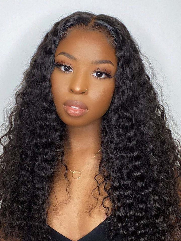 CurlyMe Deep Wave Hair 4x4 Lace Closure Wig Pre Plucked Swiss Lace Curly Hair