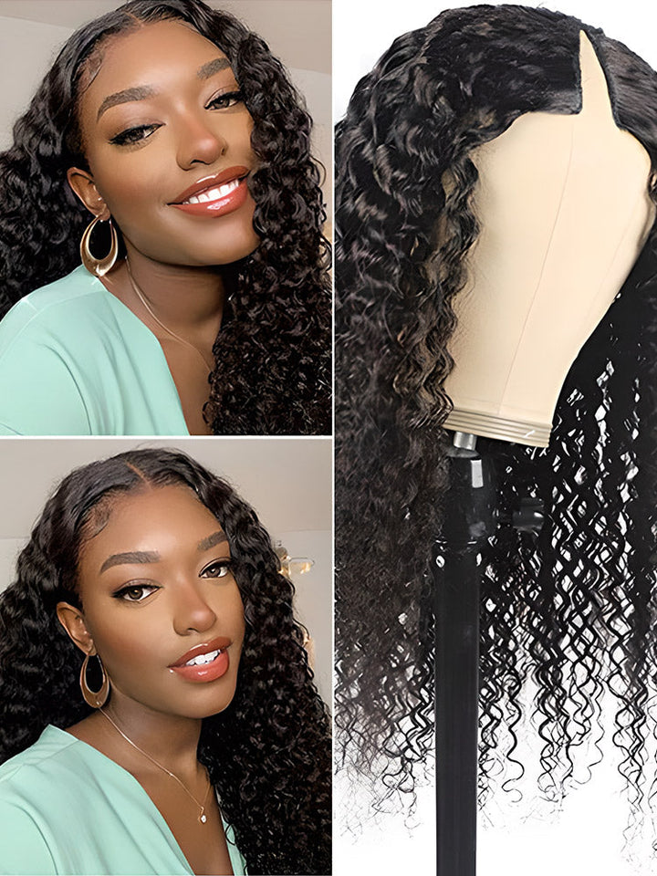 CurlyMe Deep Wave V Part Wig Human Hair Glueless No Lace Wig