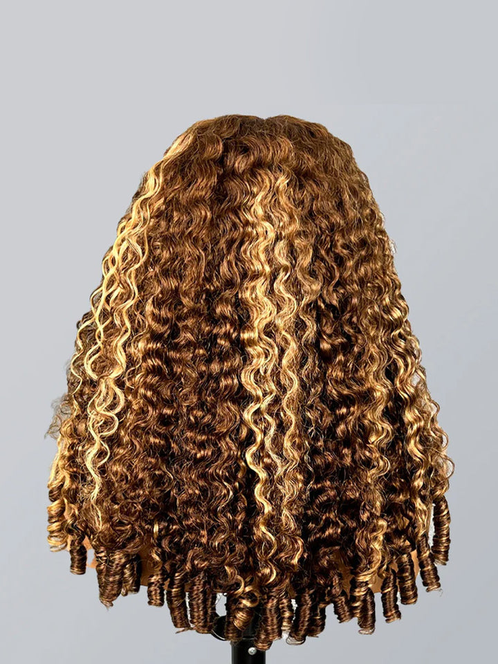 CurlyMe Highlights Ombre Burmese Curly Glueless Wig Pre Cut 9x6 Lace Snug Fit Wear Go Glueless Wig