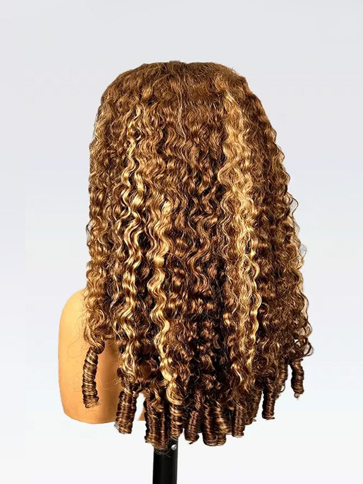 CurlyMe Highlights Ombre Burmese Curly Glueless Wig Pre Cut 9x6 Lace Snug Fit Wear Go Glueless Wig