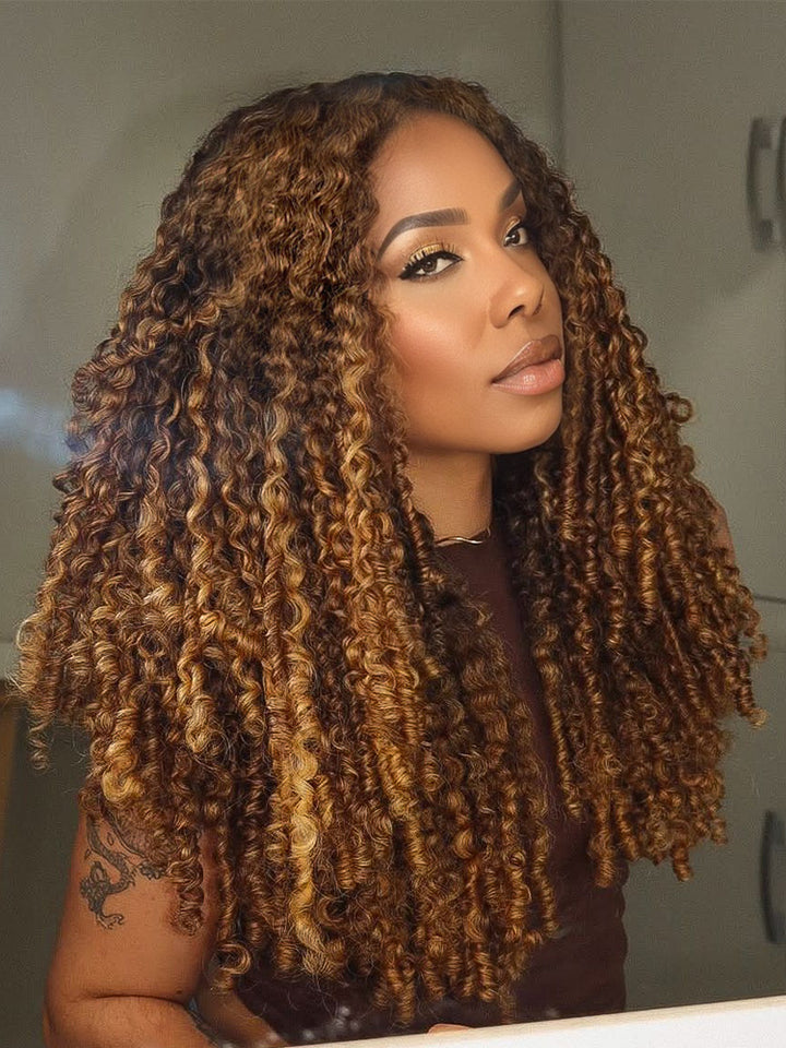 CurlyMe 3 In 1 Half Wig Highlights Ombre Burmese Curly Glueless Install Half Wig With Adjustable String