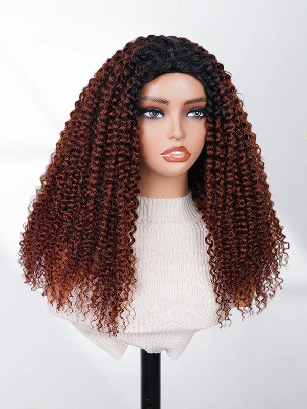 Reddish Brown Kinky Curly Half Wig With Black Roots