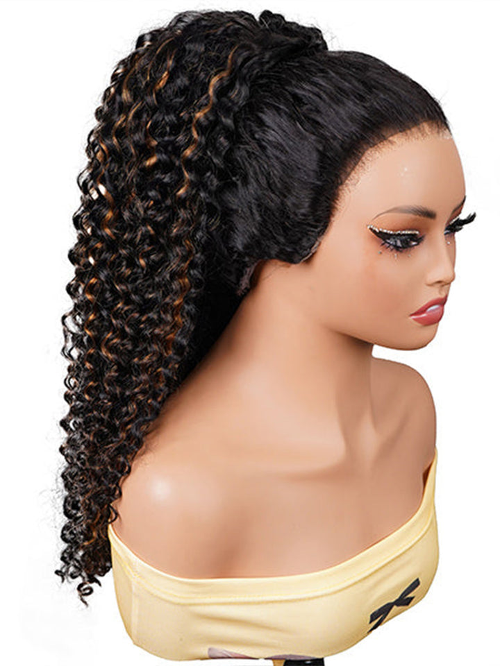 CurlyMe 3 IN 1 Water Wave Glueless Black Wig With Golden Brown Highlight Wear Go Half Wig
