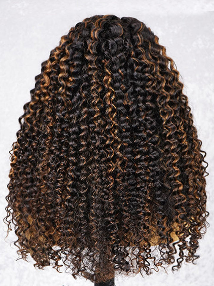 CurlyMe 3 IN 1 Water Wave Glueless Black Wig With Golden Brown Highlight Wear Go Half Wig