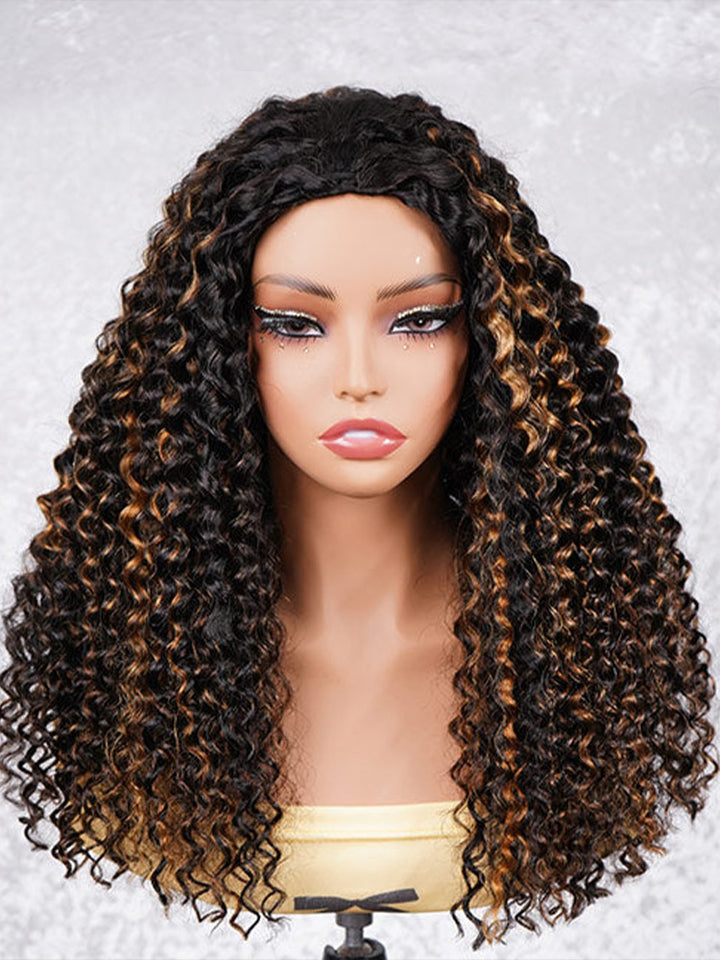 CurlyMe 3 IN 1 Water Wave Glueless Black Wig With Golden Brown Highlight Wear Go Half Wig