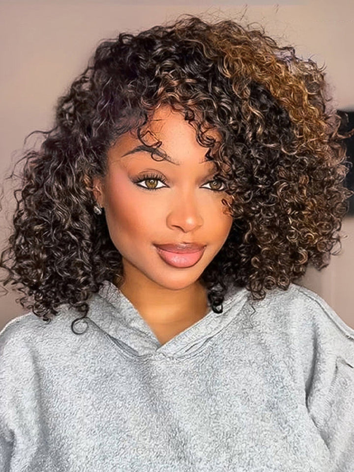 CurlyMe 3 IN 1 Highlight Ombre Brown Water Wave Half Wig-Glueless & Beginner Friendly