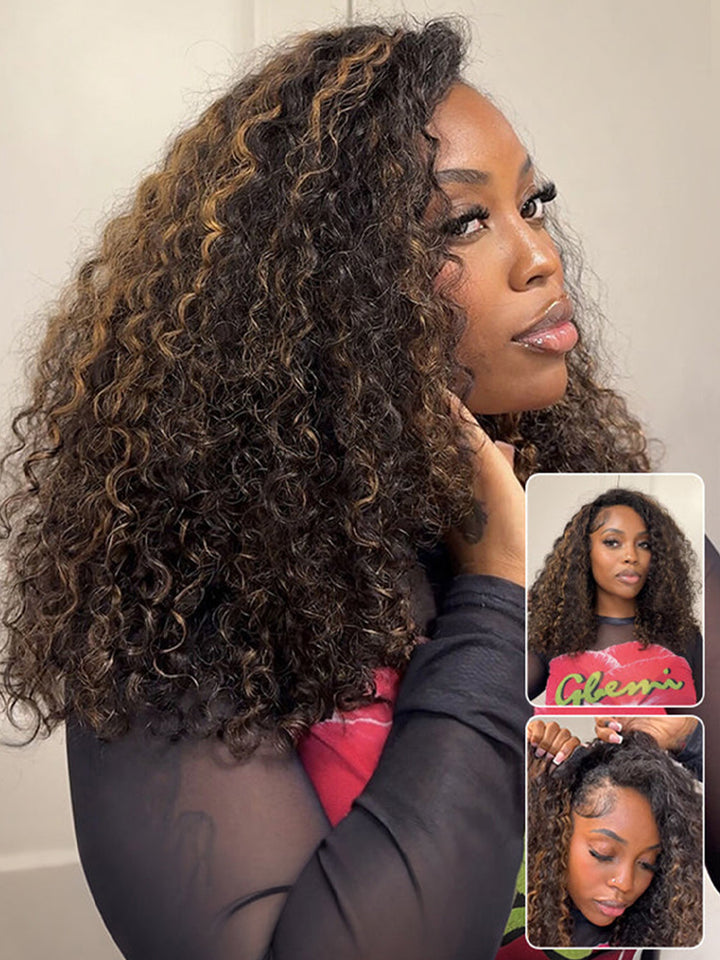 CurlyMe 3 IN 1 Highlight Ombre Brown Water Wave Half Wig-Glueless & Beginner Friendly