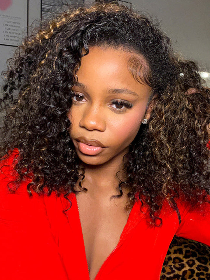 CurlyMe 3 IN 1 Highlight Ombre Brown Water Wave Half Wig-Glueless & Beginner Friendly