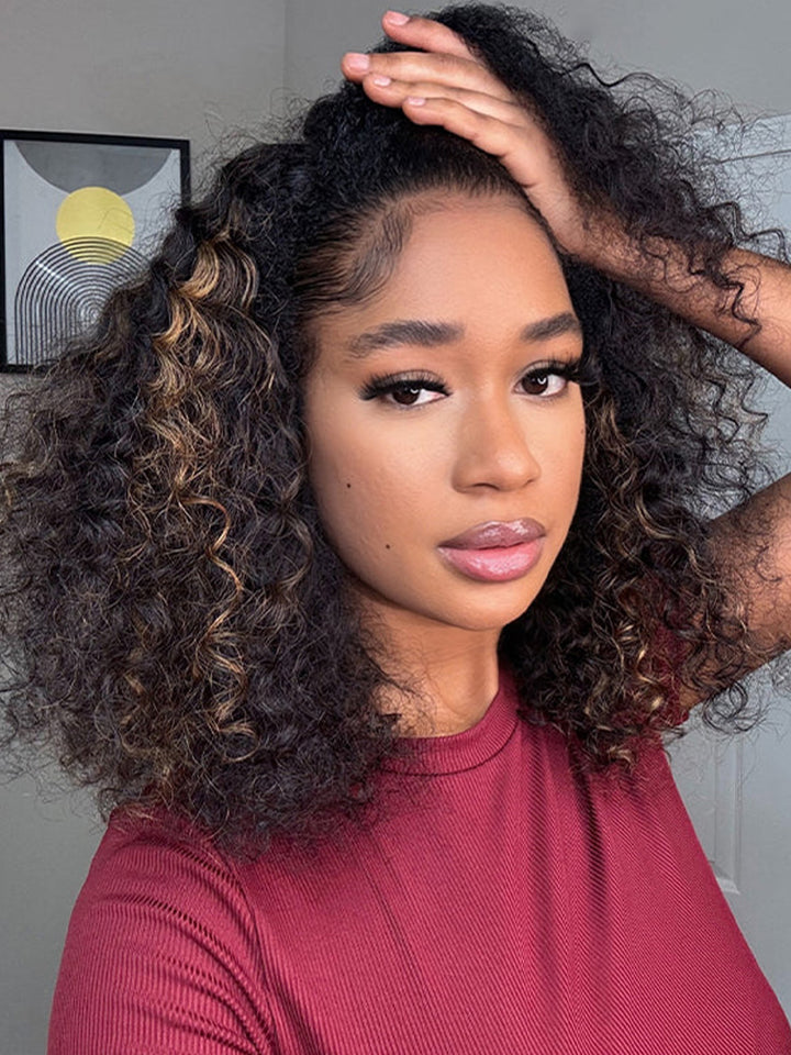 CurlyMe 3 IN 1 Highlight Ombre Brown Water Wave Half Wig-Glueless & Beginner Friendly