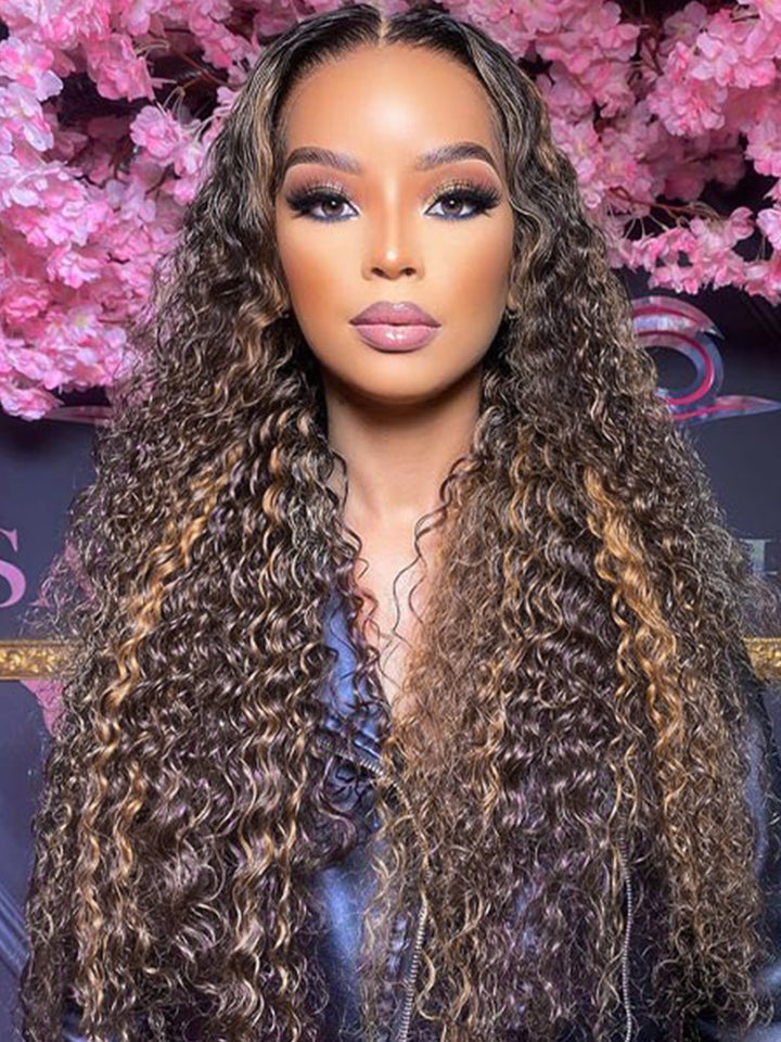 CurlyMe 3 IN 1 Highlight Ombre Brown Water Wave Half Wig-Glueless & Beginner Friendly