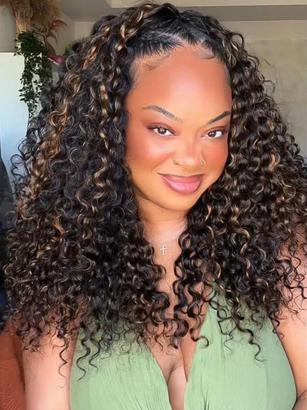 CurlyMe 3 IN 1 Highlight Ombre Brown Water Wave Half Wig-Glueless & Beginner Friendly