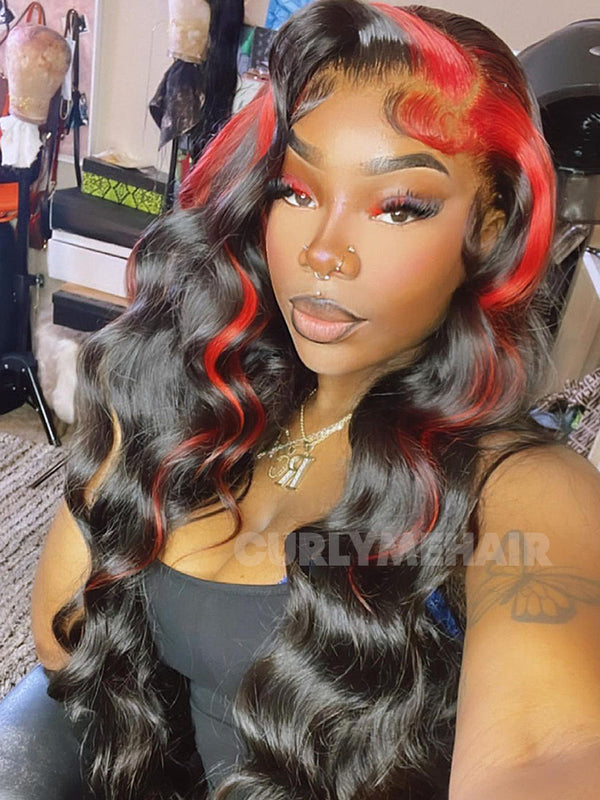 Split Color Wig Highlights Straight Human Hair Black With Red Bangs 13x4 Lace Front Wigs