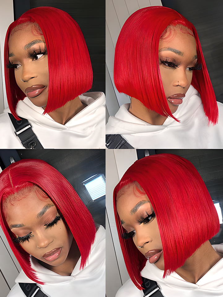 CurlyMe Hot Red Color Cheap Bob Wigs Straight Hair Lace Front Wigs