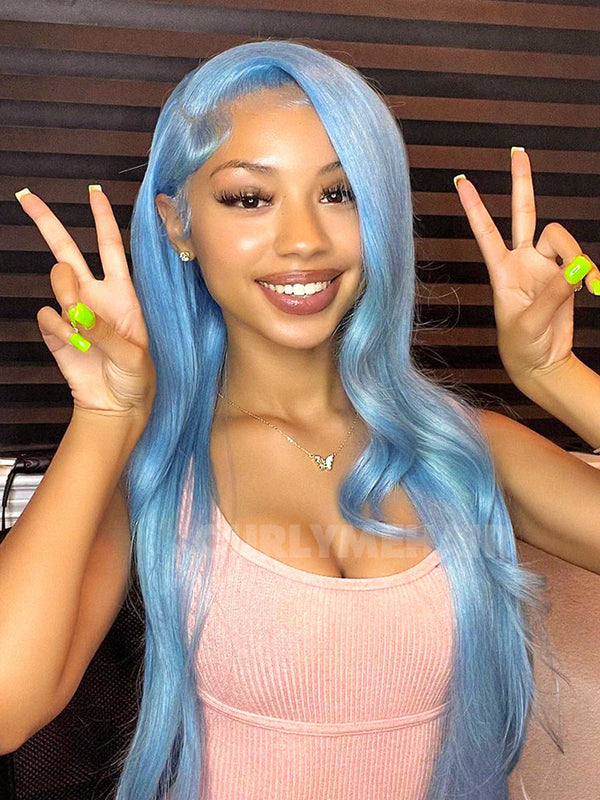 Lake Brilliant Blue Side Part Wig Straight 13x4 Lace Front Wigs