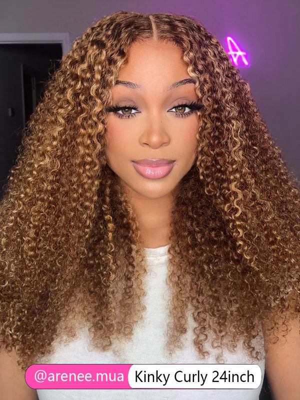 CurlyMe Wear Go Glueless Highlights Ombre Hair 7x5 Pre-cut Swiss Lace Kinky Curly Wig