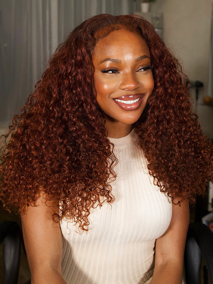 CurlyMe Pre-cut 9x6 Lace Reddish Brown Kinky Curly Wear Go Glueless Mini Knots Wig Pre-plucked