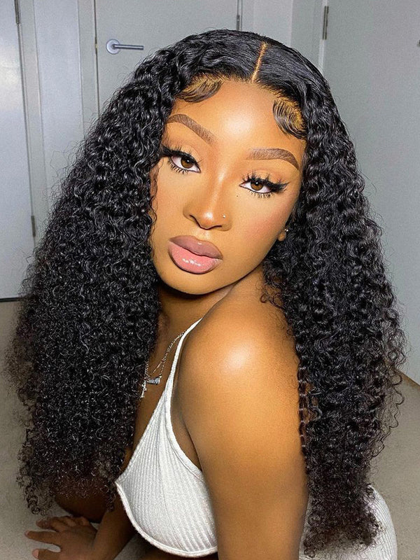 CurlyMe Black Kinky Curly Lace Closure Wigs Pre Plucked Hairline Natural Black Curly Hair