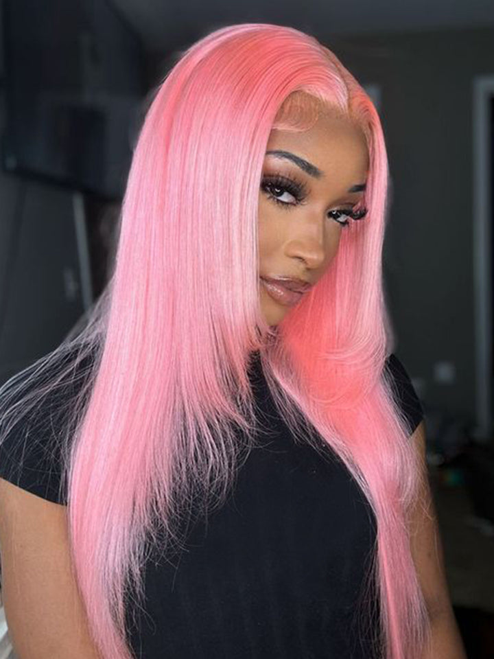 CurlyMe Light Ash Pink Color Straight Hair 13x4 Lace Front Wigs Human Hair