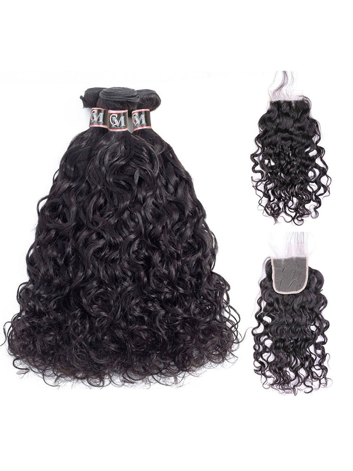 CurlyMe Natural Wave Virgin Human Hair 3 Bundles With 4x4/5x5 Closure Natural Black