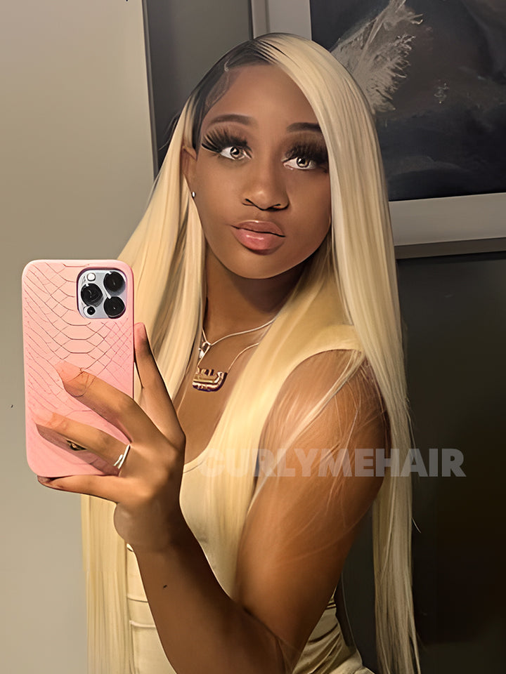 CurlyMe Ombre Blonde Hair With Brown Root Straight Hair 13x4 Lace Front Wigs Human Hair