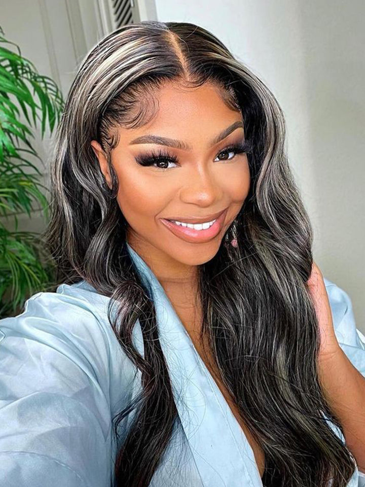 CurlyMe Platinum Gray and Black Straight Ombre Highlights Hair 13x4 Lace Front Wigs