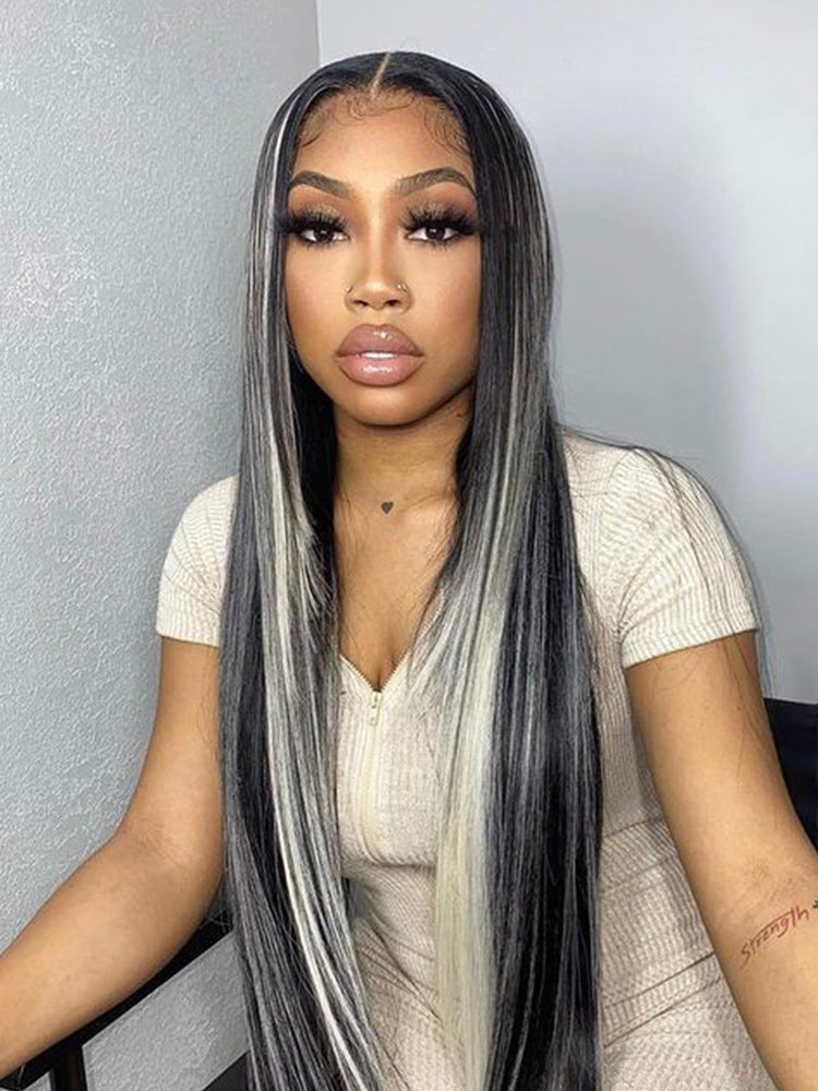 Platinum Gray and Black Ombre Hair Highlights Straight Lace Front