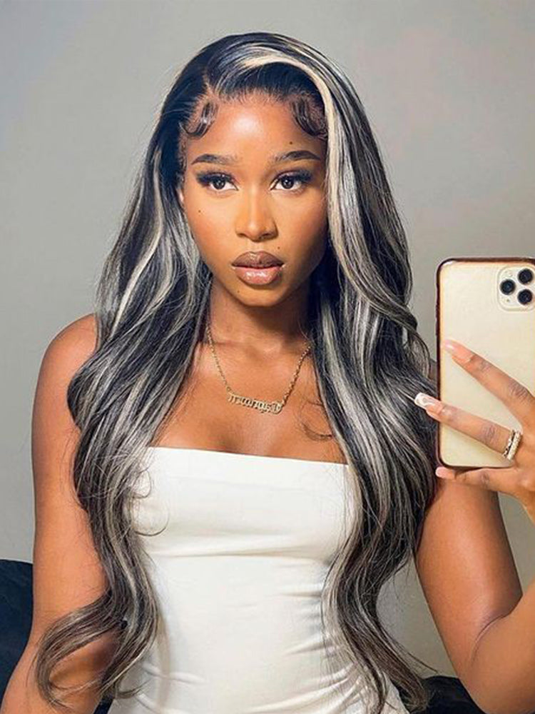 Platinum Gray and Black Ombre Hair Highlights Straight Lace Front