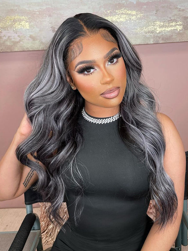 CurlyMe Platinum Gray and Black Straight Ombre Highlights Hair 13x4 Lace Front Wigs