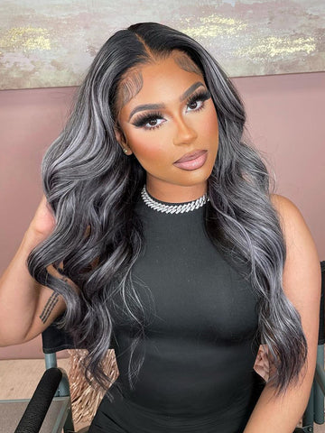Platinum Gray and Black Ombre Hair Highlights Straight Lace  display picture 3