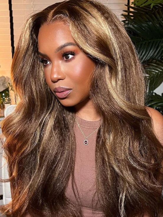 CurlyMe 4/27 Highlight Kinky Straight Wear Go Glueless Wig Pre-plucked with Natural Hairline
