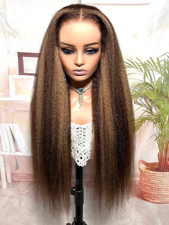 CurlyMe 6x4 HD Lace Glueless Highlight Kinky Straight Wig Wear Go Pre Cut Lace Wig