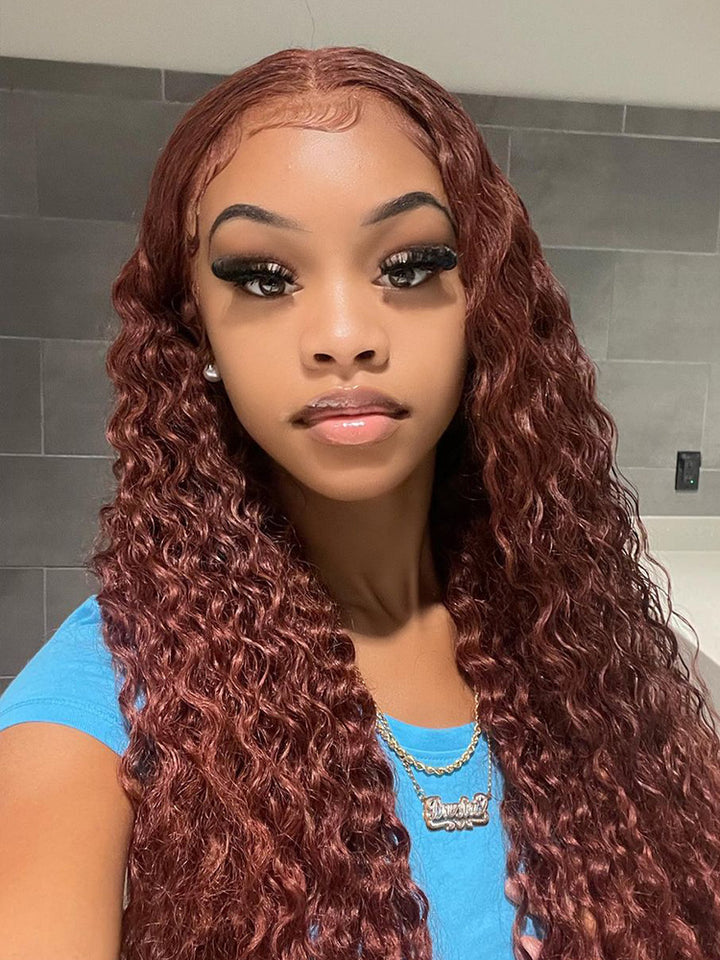 CurlyMe Reddish Brown Color Water Wave Auburn Hair 13x4 Lace Front Wigs Pre Plucked