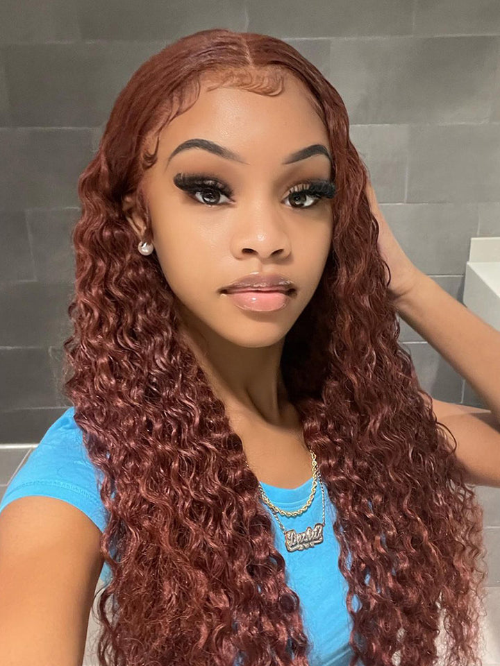CurlyMe Reddish Brown Color Water Wave Auburn Hair 13x4 Lace Front Wigs Pre Plucked