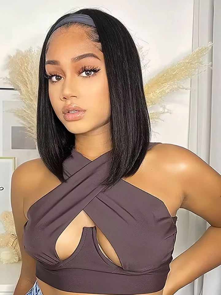 CurlyMe New Headband Bob Wigs Brazilian Straight Human Hair 180% No Lace Wig