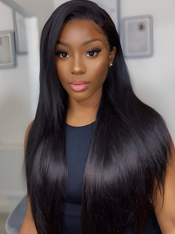 CurlyMe Silky Straight Black 13x4 Swiss HD Lace Front Wigs Pre Plucked For Women