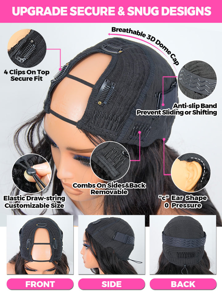 CurlyMe Pre-Styled Butterfly Cut Layered U Part Natural Black Yaki Straight Human Hair Wigs