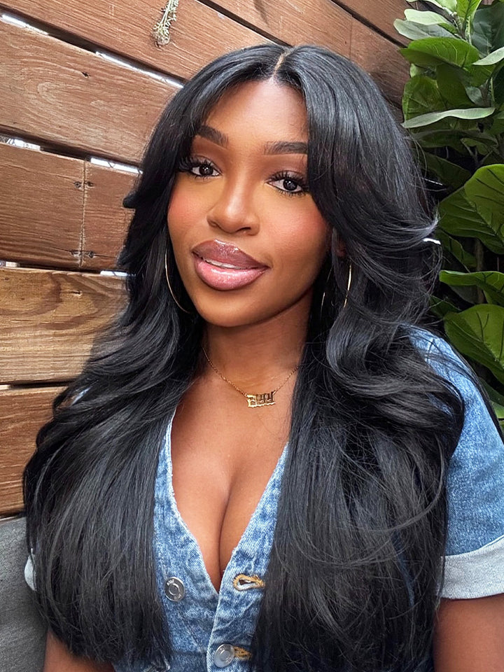 CurlyMe Pre-Styled Butterfly Cut Layered U Part Natural Black Yaki Straight Human Hair Wigs