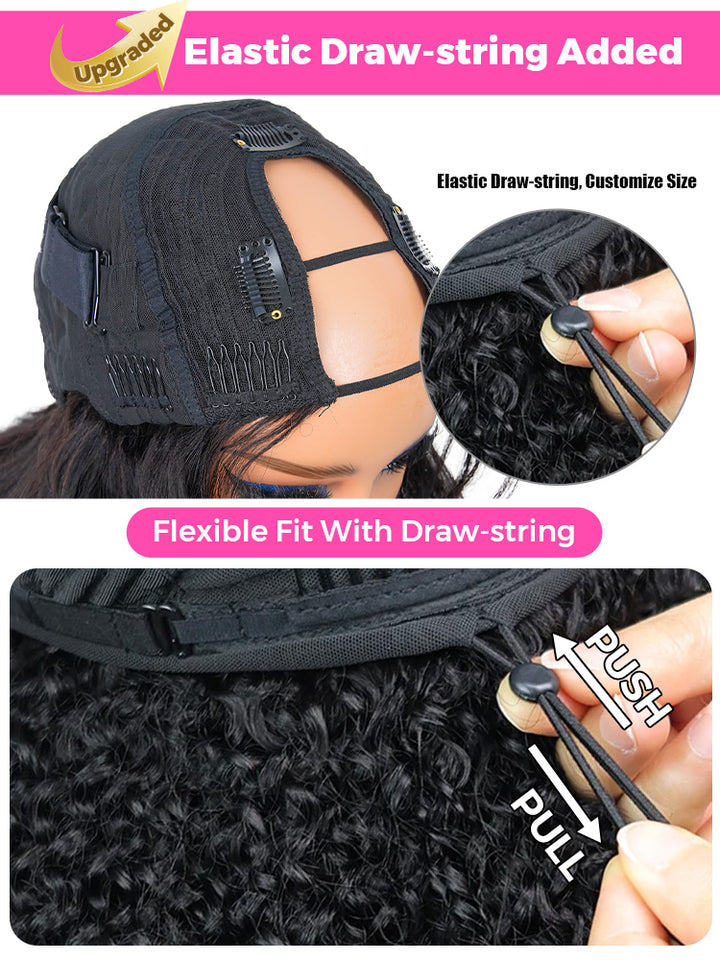 CurlyMe Pre-Styled Butterfly Cut Layered U Part Natural Black Yaki Straight Human Hair Wigs