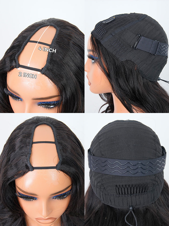 CurlyMe Pre-Styled Butterfly Cut Layered U Part Natural Black Yaki Straight Human Hair Wigs