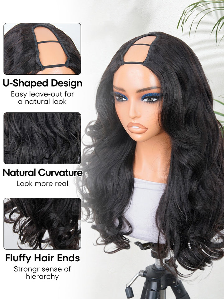 CurlyMe Pre-Styled Butterfly Cut Layered U Part Natural Black Yaki Straight Human Hair Wigs