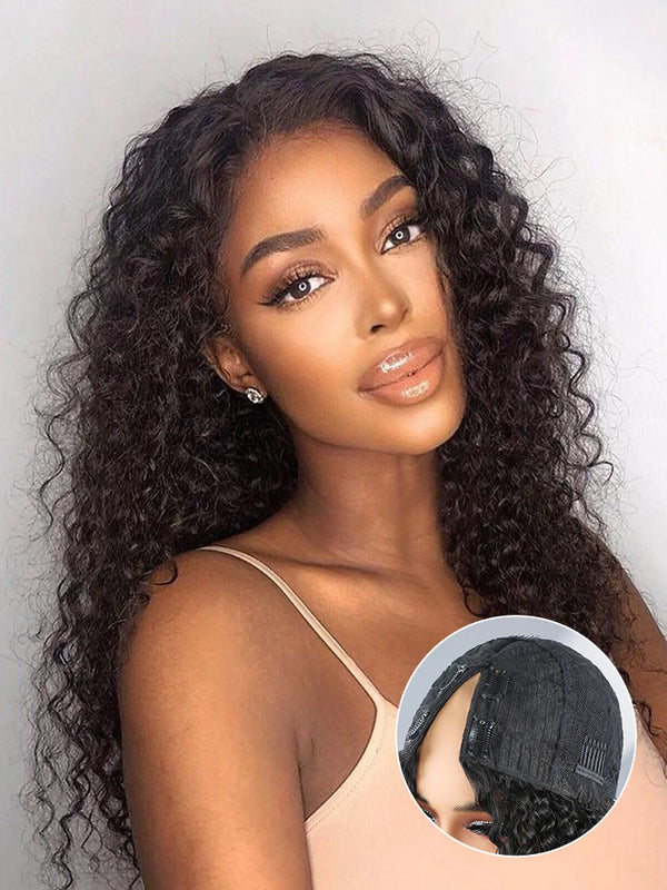 CurlyMe Water Wave V Part Wig Human Hair Glueless No Lace Wig Same as Thin Part