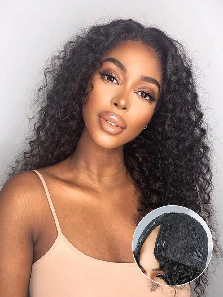 CurlyMe Water Wave V Part Wig Human Hair Glueless No Lace Wig Same as Thin Part