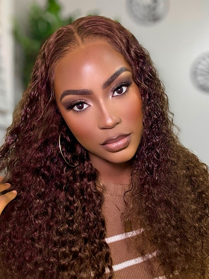 CurlyMe Pre-cut 9x6 Lace Reddish Brown Water Wave Hair Wear Go Glueless Mini Knots Wig Pre-plucked