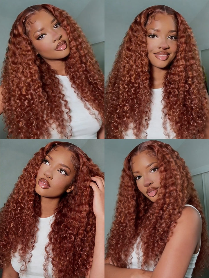 CurlyMe Pre-cut 9x6 Lace Reddish Brown Water Wave Hair Wear Go Glueless Mini Knots Wig Pre-plucked