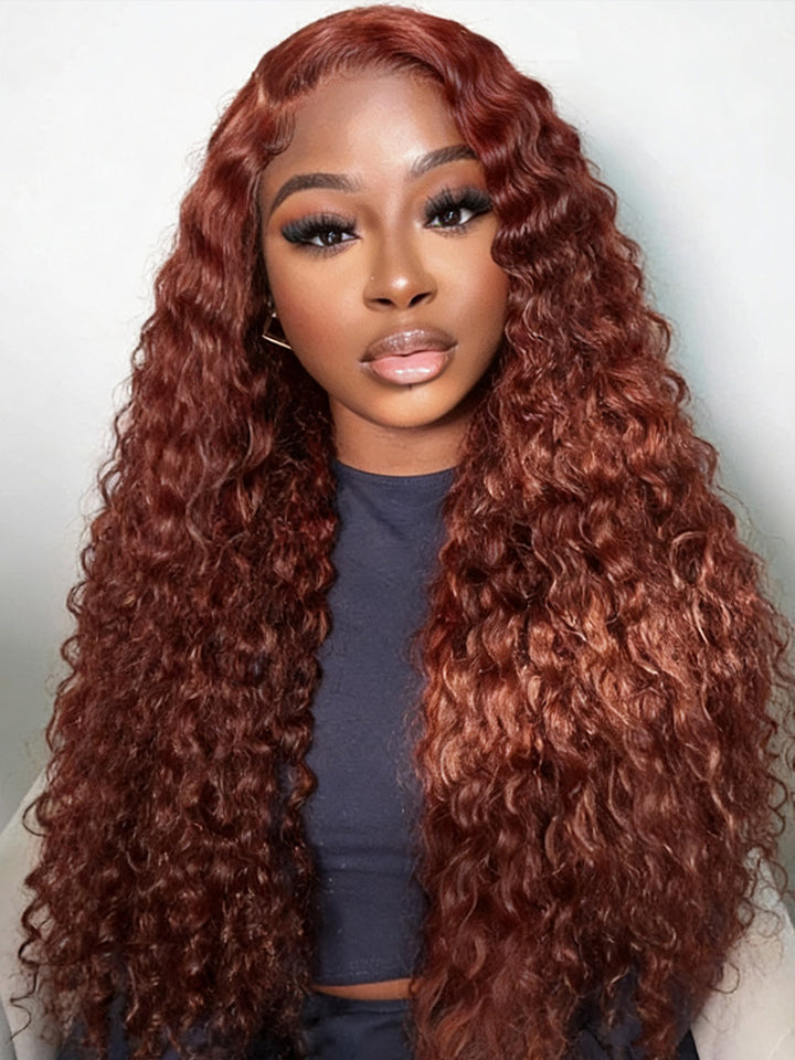 CurlyMe Pre-cut 9x6 Lace Reddish Brown Water Wave Hair Wear Go Glueless Mini Knots Wig Pre-plucked