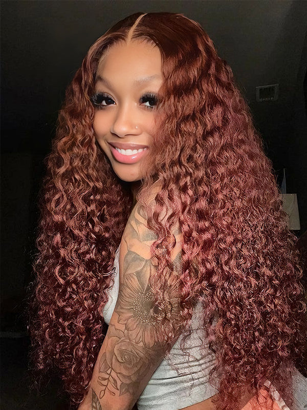 CurlyMe Pre-cut 9x6 Lace Reddish Brown Water Wave Hair Wear Go Glueless Mini Knots Wig Pre-plucked