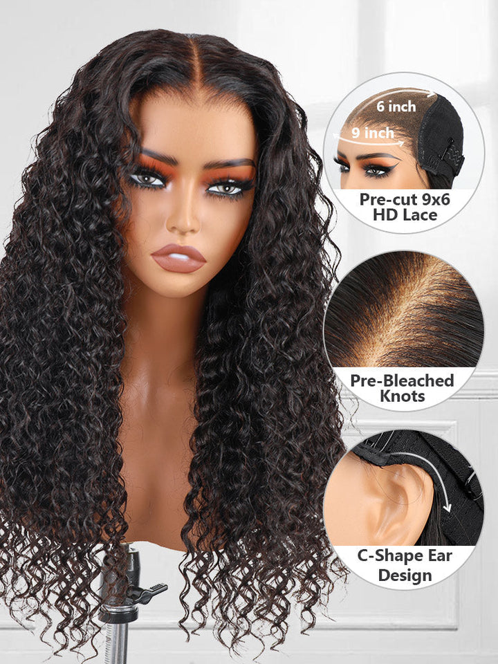 CurlyMe Pre-cut 9x6 Lace M-cap Wear Go Glueless Mini Knots Water Wave Hair HD Lace Front Wig Pre-plucked